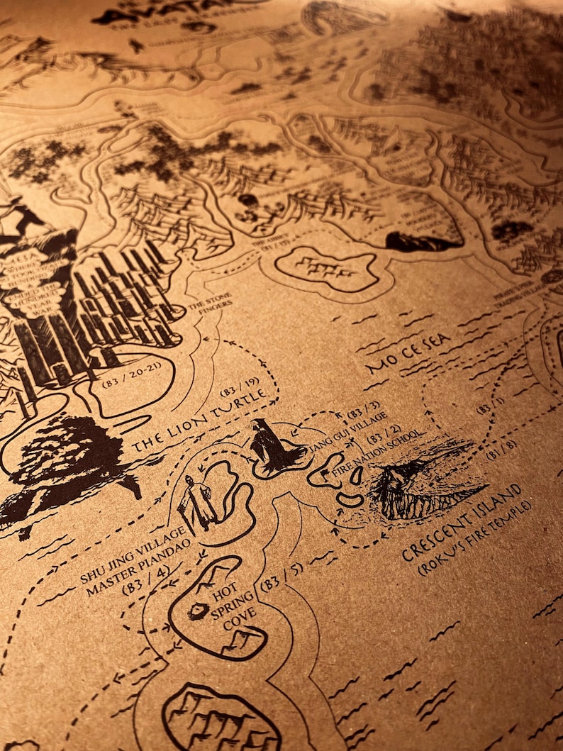 May include: Detailed map illustration with intricate line art on a tan background. Features geographical elements, text labels, and illustrations of landmarks. The map includes text such as "Mo Ce Sea", "Crescent Island", and "The Lion Turtle".