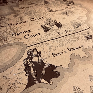 May include: A detailed map with a vintage aesthetic, featuring intricate illustrations and text. The map highlights various locations, including "Winter Court," "Summer Court," and "Spring Court." A stylized illustration of a woman is featured on the map. The map is printed on aged paper.