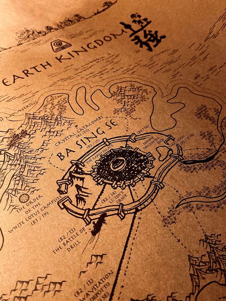 May include: A detailed map of the Earth Kingdom, featuring the city of Ba Sing Se. The map is drawn in black ink on a tan background, with labels like "Crystal Catacombs" and "The Battle of Drill". The map includes the text "Earth Kingdom".
