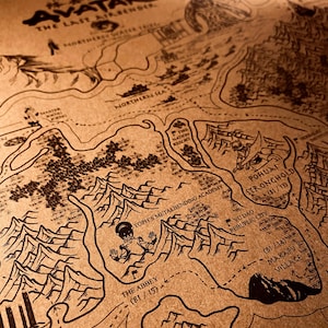 May include: A detailed map from Avatar: The Last Airbender, rendered in black line art on a tan backdrop. The map showcases geographical features, locations, and text labels, including "Northern Sea" and "Toph's Metalbending Academy".