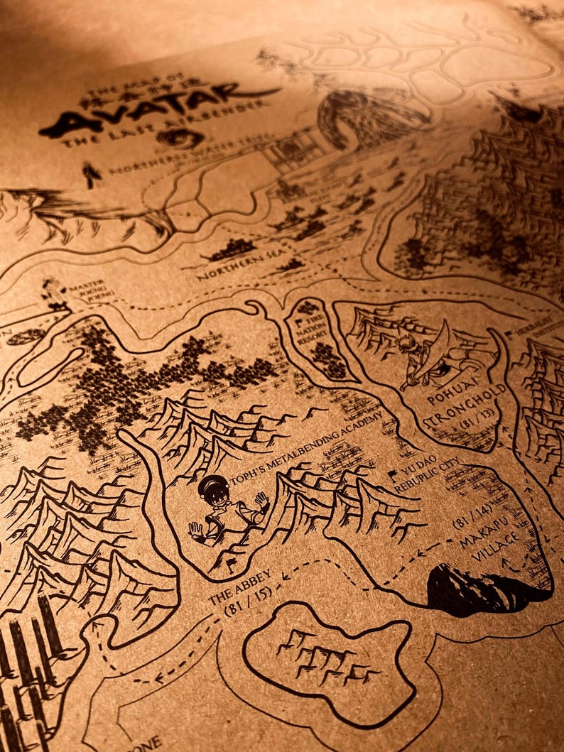 May include: A detailed map from Avatar: The Last Airbender, rendered in black line art on a tan backdrop. The map showcases geographical features, locations, and text labels, including "Northern Sea" and "Toph's Metalbending Academy".