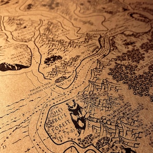 May include: A sepia-toned map with detailed black line drawings depicting a fantasy landscape. The map features text labels including "Hei Bei's Forest" and "Senlin Village". The style is reminiscent of a vintage, hand-drawn map, ideal for fans of fantasy.