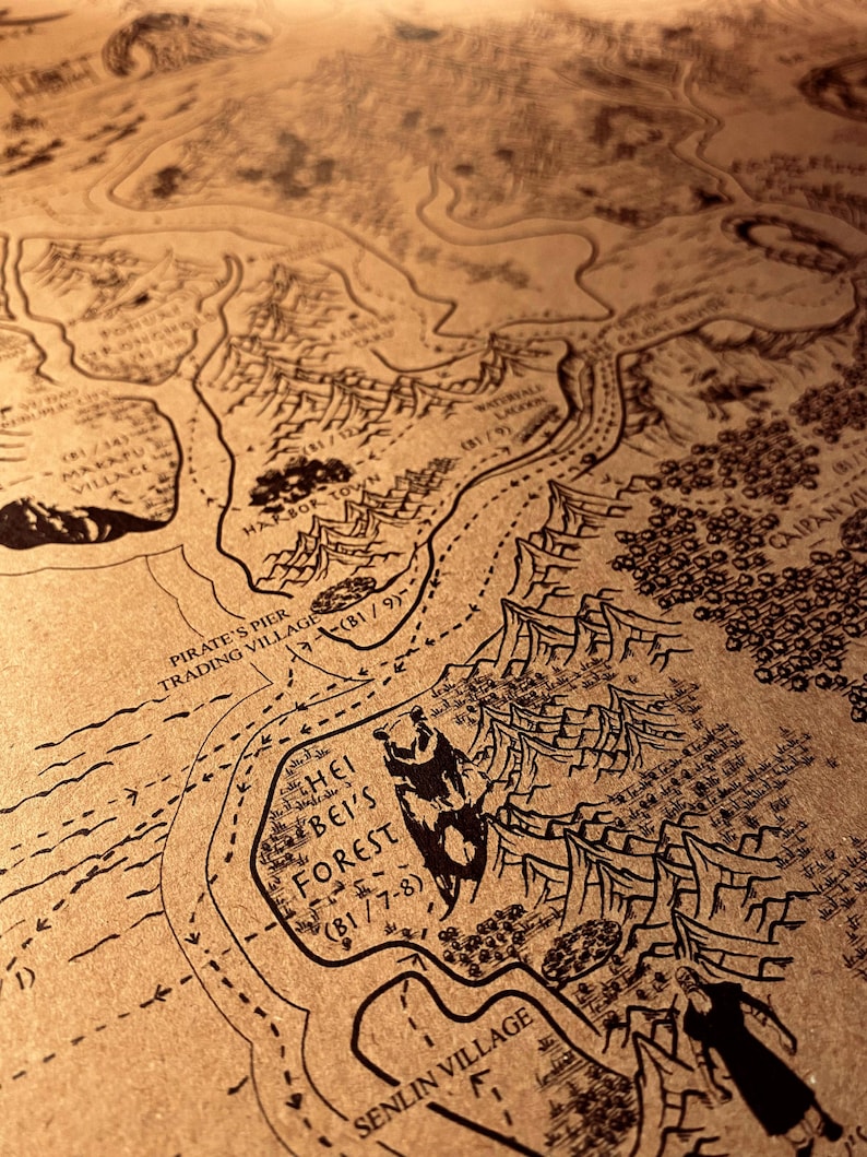May include: A sepia-toned map with detailed black line drawings depicting a fantasy landscape. The map features text labels including "Hei Bei's Forest" and "Senlin Village". The style is reminiscent of a vintage, hand-drawn map, ideal for fans of fantasy.