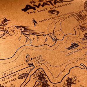 May include: A detailed map of the Avatar: The Last Airbender world, featuring the Northern Water Tribe, Fire Nation Village, and Northern Sea. The map is drawn in black ink on a tan paper, with text including "The Map of Avatar: The Last Airbender."