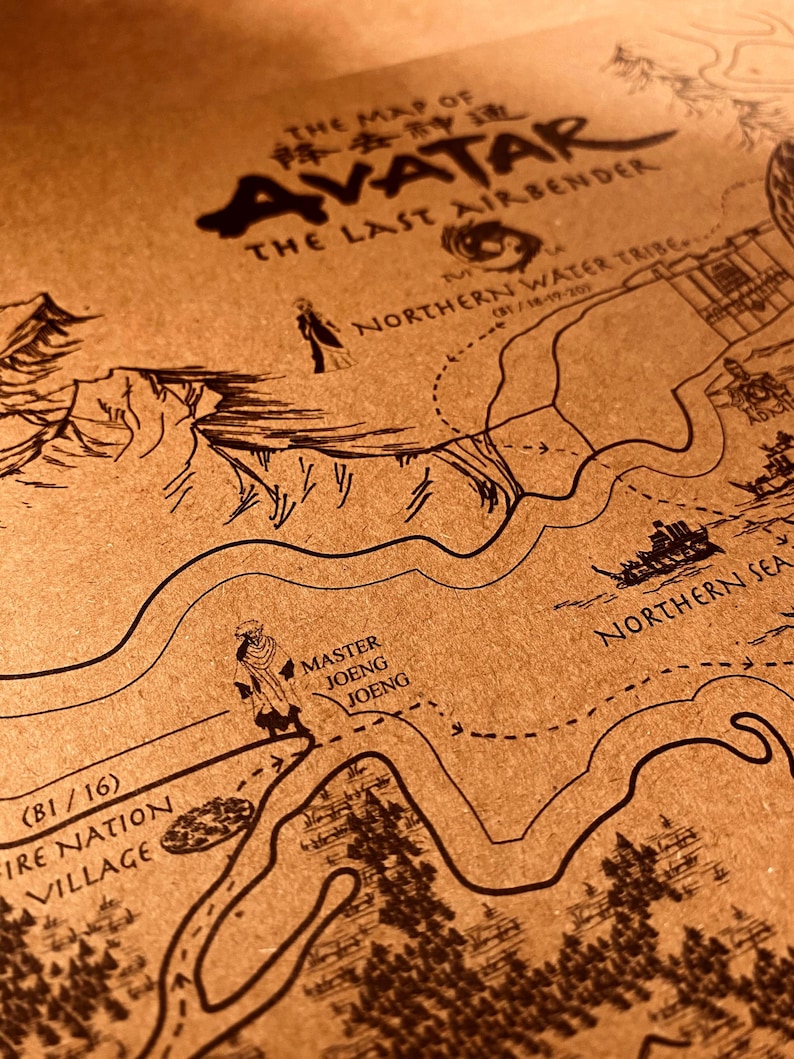 May include: A detailed map of the Avatar: The Last Airbender world, featuring the Northern Water Tribe, Fire Nation Village, and Northern Sea. The map is drawn in black ink on a tan paper, with text including "The Map of Avatar: The Last Airbender."