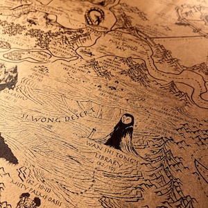 May include: A detailed map with a vintage aesthetic, featuring intricate illustrations and text. The map is predominantly brown with black ink, depicting geographical features, locations, and text such as "Wan Shi Tong's Library". The map has a fantasy theme.
