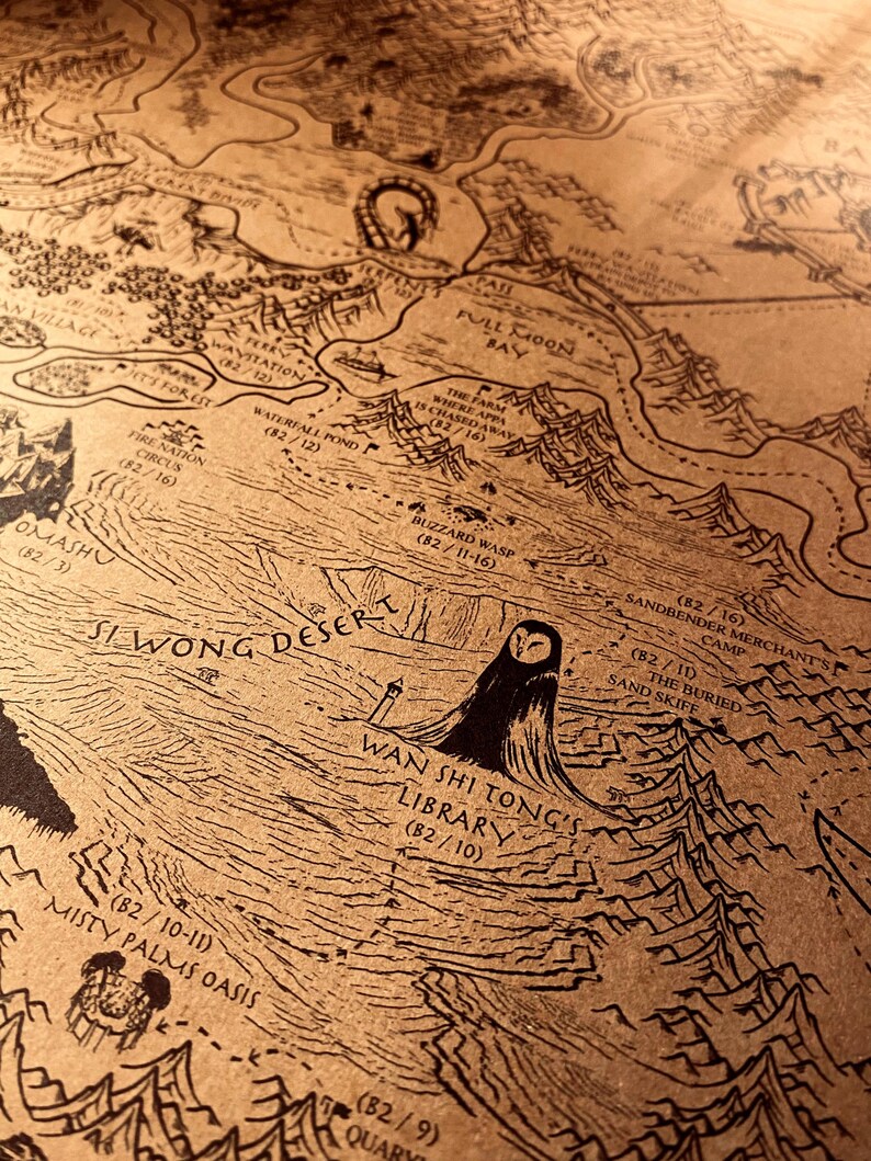May include: A detailed map with a vintage aesthetic, featuring intricate illustrations and text. The map is predominantly brown with black ink, depicting geographical features, locations, and text such as "Wan Shi Tong's Library". The map has a fantasy theme.