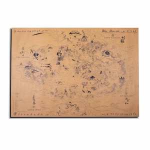 May include: A wooden map of the world from the animated series Avatar: The Last Airbender. The map is tan with dark blue illustrations of the Fire Nation, Earth Kingdom, Air Nomads, and Water Tribes. The title is at the top.