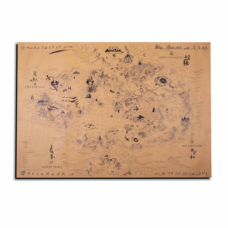 May include: A wooden map of the world from the animated series Avatar: The Last Airbender. The map is tan with dark blue illustrations of the Fire Nation, Earth Kingdom, Air Nomads, and Water Tribes. The title is at the top.