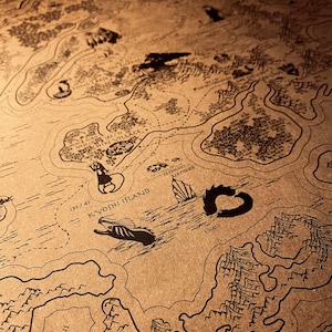 May include: An antique-style map with black line art on a tan background. The map depicts geographical features like mountains, islands, and water bodies. Text labels include "Kyoshi Island" and "Unagi", creating a vintage aesthetic.