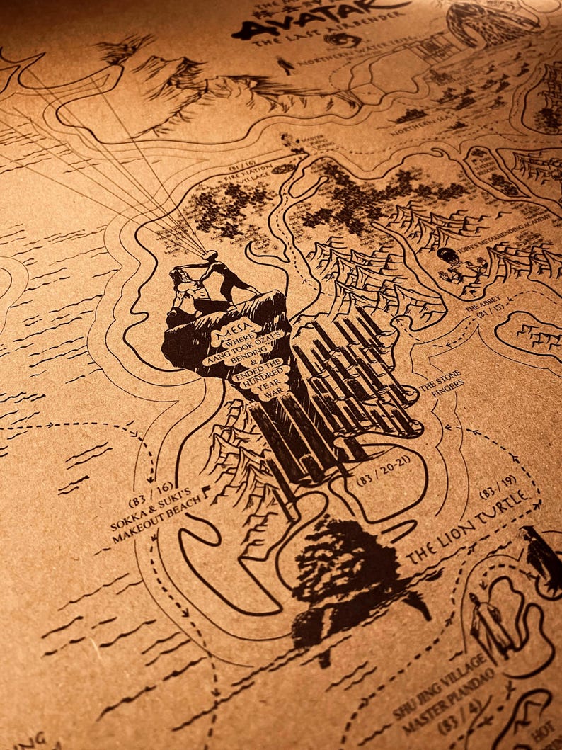 May include: A detailed map of the world from "Avatar: The Last Airbender" in sepia tones. The map features intricate illustrations of locations, including "The Lion Turtle" and "Sokka & Suki's Makeout Beach". Text includes "Mesa Where Aang Took Ozai's Bending".