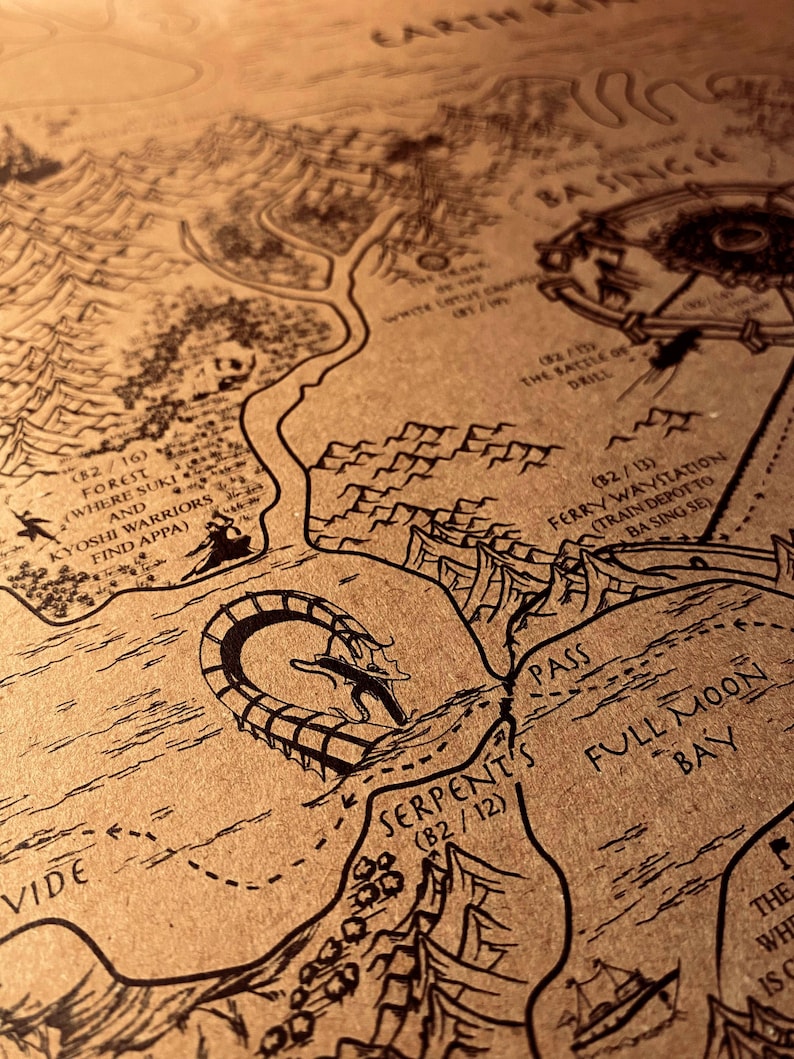 May include: Detailed map illustration in black ink on tan paper. Features geographical elements, text labels, and a stylized serpent. Includes text such as "Serpent's", "Full Moon Bay", and "Ba Sing Se". The map appears to be a fantasy or fictional world.