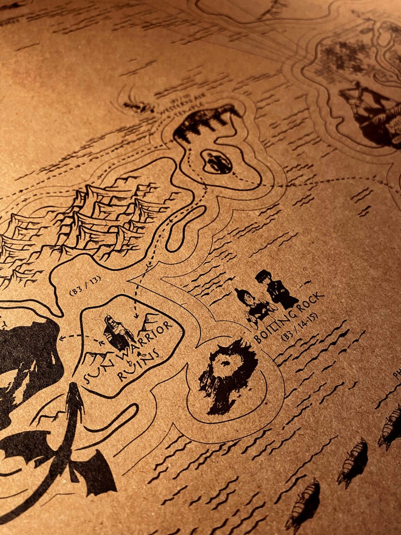 May include: A fantasy map illustration in black ink on tan paper, depicting islands, mountains, and water. The map includes labels such as "Sun Warrior Ruins" and "Boiling Rock". A dragon silhouette is also present, enhancing the fantasy theme.