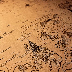 May include: A detailed map with black ink illustrations on a tan background. The map features geographical elements such as islands, mountains, and waterways. Text on the map includes "THE SOUTHERN AIR TEMPLE" and "MONK GYATSO".