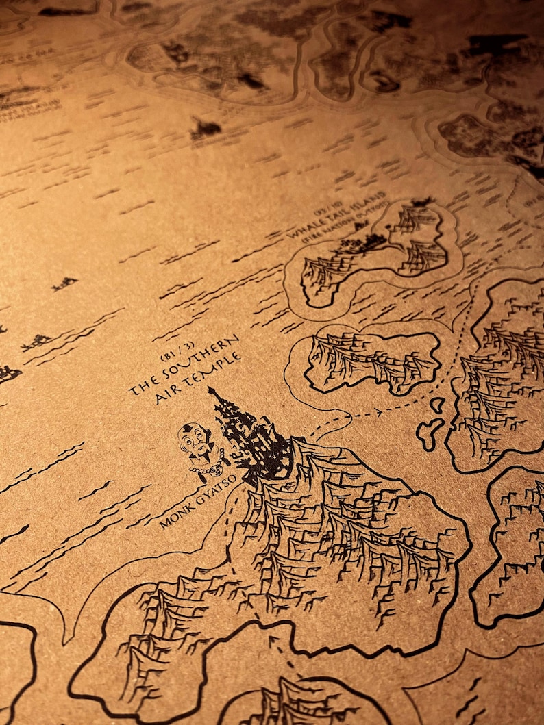 May include: A detailed map with black ink illustrations on a tan background. The map features geographical elements such as islands, mountains, and waterways. Text on the map includes "THE SOUTHERN AIR TEMPLE" and "MONK GYATSO".