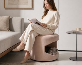 Modern Cat Bed Ottoman, Upholstered Pet House Stool, Minimalist Cat Cave Furniture