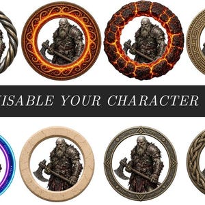 May include: Eight circular character tokens featuring a bearded warrior holding an axe, surrounded by various decorative borders including twisted metal, glowing lava, stone, and intricate knotwork. The text CUSTOMISABLE YOUR CHARACTER TOKENS is centered.