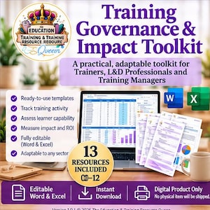 Training Governance Impact Toolkit | L&D Training Manager Templates | Training Tracker Assessment ROI Dashboard | Editable Word Excel