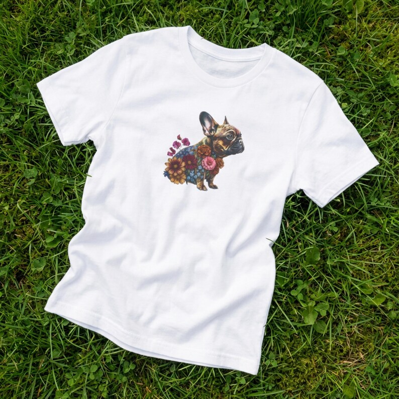 May include: White t-shirt with a watercolour illustration of a French Bulldog decorated with colourful flowers. The dog is shown in profile, highlighting its unique features. The design is centrally placed on the shirt, creating a visually appealing graphic.