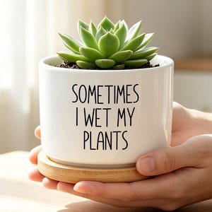 May include: A white ceramic cylindrical planter with a light wood base, containing a green succulent plant. The front of the planter features the black printed text "SOMETIMES I WET MY PLANTS" in a simple, sans-serif, uppercase font style.