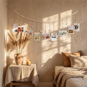 Photo String Lights Display – Wood Bead Hanging Picture Holder with Heart Clips, Boho Bedroom Wall Decor Gift