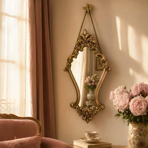 Espejo ovalado convexo vintage, con elegantes detalles dorados, decoración de pared de estilo antiguo.