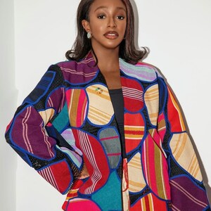 Aso Oke patchworkjack, limited edition Afrikaanse statementjas, uniseks streetwear festivaloutfit