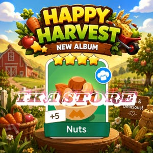 Op de afbeelding: Een digitale spelkaart getiteld Happy Harvest New Album met een kom gemengde noten, een plus vijf indicator en vier gele sterren. De kaart toont de tekst IKA STORE en Nuts tegen een boerderijachtergrond met een rode schuur en gewassen.