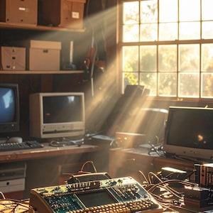 Op de afbeelding: Een vintage elektronisch apparaat met talrijke knoppen en een scherm staat op een houten werkbank. De werkruimte omvat oude computermonitoren, draden en dozen, badend in zonlicht dat door een raam valt, wat wijst op een retro-tech thema.