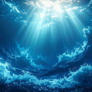 Op de afbeelding: Een onderwaterlandschap met zonlicht dat door het water schijnt. De afbeelding toont blauwtinten, met golven en waterbeweging. Het licht creëert diepte en benadrukt de texturen van het water.