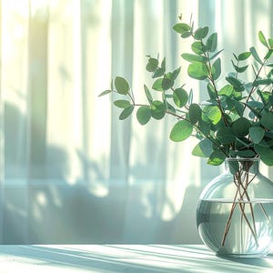 以下が含まれることがあります： 水とユーカリの枝が入った透明なガラスの花瓶。花瓶は白い表面に置かれ、透明な白いカーテンの前にあり、太陽光が差し込み、影を作り出しています。