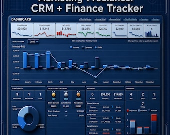 Google Sheets Business System | Freelancer CRM & Finance Tracker | Dashboard Spreadsheet Template | Navy One Theme