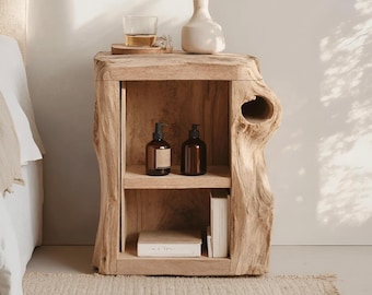 Mesita de noche rústica orgánica de madera maciza / Mesita de noche natural con almacenamiento
