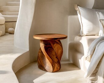 Organic Modern Solid Wood Sculptural Round End Table