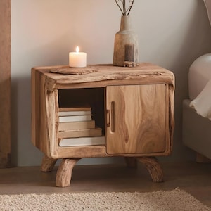 Mesita de noche rústica de madera maciza con puerta / Mesita de noche natural con almacenamiento