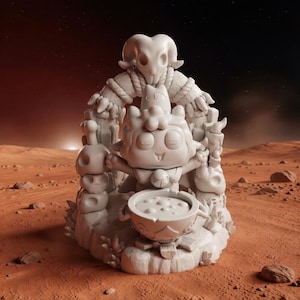 Puede incluir: Escultura detallada y clara que representa un personaje de dibujos animados sosteniendo un cuenco, con un cráneo de carnero y una estructura similar a una cuerda detrás. La escultura está ambientada en un paisaje marciano.