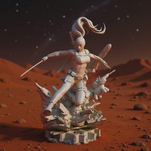 Könnte beinhalten: Eine weiße Actionfigur einer weiblichen Figur in dynamischer Pose, die ein Schwert hält. Die Figur befindet sich vor einer roten und braunen Landschaft mit Sternenhimmel. Die Figur trägt einen figurbetonten Anzug und hat lange Haare.