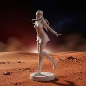 May include: A white figurine of a female anime character, posed in a dynamic stance, stands on a circular base. The figure is set against a backdrop of a reddish-brown desert landscape and a dark, starry sky. The character wears a short dress and boots.