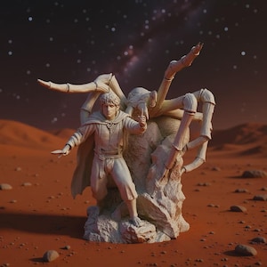 May include: A detailed figurine depicting a character from a fantasy setting, standing before a large, insect-like creature. The figure is in a heroic pose, holding a weapon. The scene is set on a reddish, desert-like landscape under a starry sky.