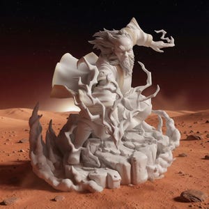 May include: A white statue of a bearded man in flowing robes, seemingly conjuring energy. The figure is atop a rocky base, with stylized energy effects around it. The background is a reddish-brown landscape.