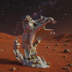 May include: An off-white sculpture depicting a figure in a dynamic pose, kicking forward. The figure is on a rocky base with a lantern and roses, set against a Martian landscape with a starry sky. The sculpture has intricate details.