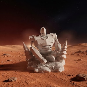 May include: A light gray statue of a robot seated on a rocky base with stylized trees. The robot has a classic design with a rounded head, rectangular torso, and articulated limbs. The background depicts a red planet with a starry night sky.