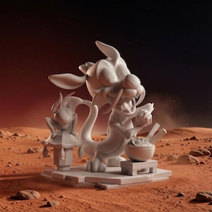 May include: A 3D-rendered sculpture of a cartoon dragon eating noodles with chopsticks. The dragon is white and has a large grin. A smaller figure sits on a pagoda-like structure. The scene is set on a reddish-brown, desert-like landscape.