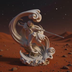 May include: A white statue of a character riding a wave, holding a sword. The figure is dressed in a tunic and cape. The background is a reddish-brown landscape with a starry sky.