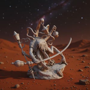 Op de afbeelding: Gedetailleerde sculptuur van een veelarmig wezen met tentakels, met een zwaard, lantaarns en een staf. De figuur staat op een roodbruin terrein onder een sterrenhemel, wat een fantasie- of sci-fi thema oproept.