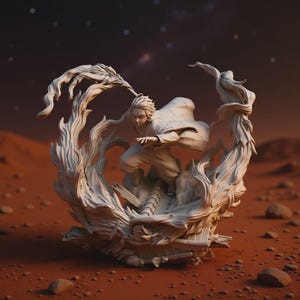 Może przedstawiać: Szczegółowa biała figurka postaci w dynamicznej pozie, otoczona stylizowanymi, wirującymi elementami. Figurka umieszczona jest na czerwonobrązowym, pustynnym tle z gwiaździstym niebem, tworząc dramatyczną i artystyczną kompozycję.