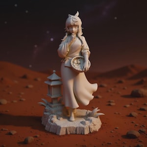 May include: A white figurine of a woman in a flowing dress, holding a basket of eggs. The figure stands on a rocky base with a small pagoda. The background is a reddish-brown landscape with a starry sky.