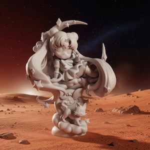 May include: A white figurine of a cartoon character seated on a crescent moon, surrounded by stars. The character is wearing a dress and has long flowing hair. A cat figurine sits on a cloud below. The background depicts a red planet and a starry sky.