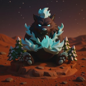 May include: A brown bear-like creature with blue glowing eyes and holding a blue flame. The bear has white accents and is surrounded by small green trees with snow. The scene is set on a red-brown landscape.
