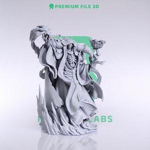 May include: A grey 3D printed resin figurine of a skeletal lich character wearing a hooded robe, standing amidst swirling magical energy. The figure holds a staff topped with a small basket and has one hand raised, featuring intricate bone details.